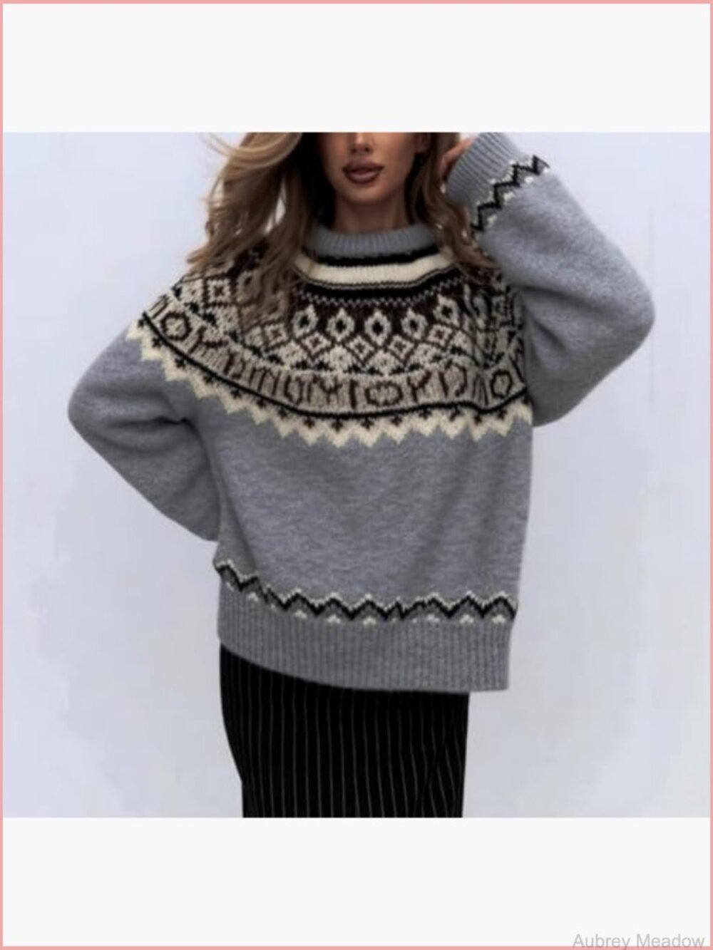 Warm Bohemian Fair Isle Knit Sweater with Crewneck and Dropped Shoulders - Picture 2 of 2